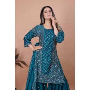 Traje Sharara de Algodón Chinon de Diseño para Fiestas, Bordado con Lentejuelas, Salwar Kameez - Product Image 2