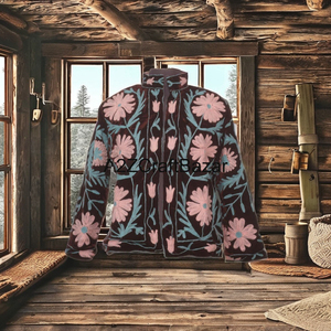 Veste pour femme en velours imprimé, broderie Suzani florale, artisanale, ethnique, respirante, doublée coton, entièrement boutonnée, pour printemps/automne/hiver - Product Image 1