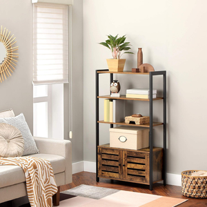 Bibliothèque de style industriel avec 3 étagères et 2 portes battantes en métal, armoire de rangement en bois pour salon, chambre et bureau - Product Image 3