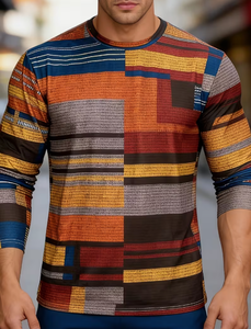 Men <b>Patchwork</b> Long Sleeve Knitted Casual <b>Shirt</b> V-Neck Full Sleeve Autumn Wear Multi Color Patterned Top - Product Image 5