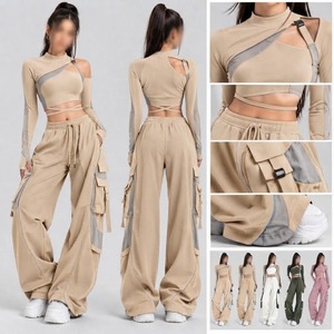 Unisex Stage <b>Dance</b> Two Piece Set Asymmetrical Cutout Long Sleeve Stand-Up Collar <b>Crop</b> <b>Top</b> Wide Leg Cargo Pants Polyester Digital - Product Image 2