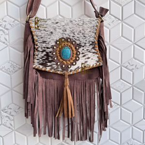 Bolso de mano de diseñador único de ante y cuero con flecos, estilo western con pelo de animal, bandolera con gemas y piedras para mujer, bolso de diseñador único - Product Image 1