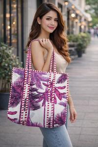 กระเป๋าโท้ทผู้หญิงบุผ้าฝ้ายลายควิลท์พร้อมลายพิมพ์บล็อก มีขายส่ง สามารถซักได้ ใช้จัดระเบียบของได้ เหมาะสำหรับการเดินทางและช้อปปิ้ง มีหลายขนาด - Product Image 3
