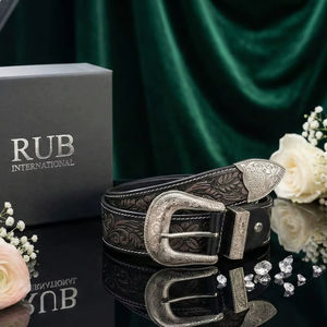 Ceinture en cuir de cowboy western haut de gamme pour hommes, motif floral en relief avec boucle argentée gravée, style vintage - Product Image 1