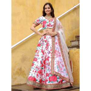 Seductor Off-White Floral Printed Art Silk Sangeet Wear Lehenga Choli - Product Image 2