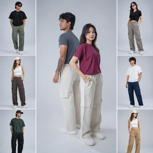 Wide Leg Bangladesh Made Stock Apparels Bulk Sale <b>Elastic</b> Waist Multiple Pockets Canvas Twill Cargo <b>Trousers</b> Men Women Wear Lot - Product Image 1