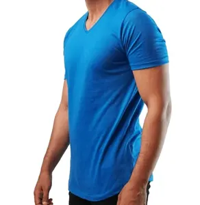 גבוהה באיכות כותנה גברים רגיל T חולצות בסיסית t חולצה v צוואר צוואר קצר שרוול Fit 100% כותנה חולצה כחול צבוע צבע בלוק מוצק