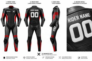 Custom Team Name-Number One-Piece Leather Motorcycle <b>Suit</b> | Black <b>Red</b> | Winter Printed | OEM ODM Manufacturer | Premium Design | - Product Image 6