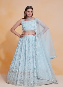 <b>Light</b> Blue Georgette Lehenga Choli Set Zari Sequence Embroidered Semi Stitched <b>Net</b> Dupatta Wedding Party Wear - Product Image 3