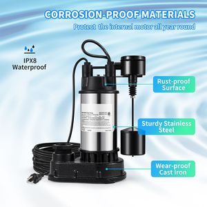 Pompa Sommergibile in Ghisa da 1,5 HP con Portata di 6000 GPH e Interruttore a Galleggiante Integrato - Product Image 4