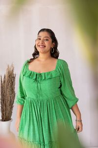Robe midi à volants imprimée à pois verts, manches trois quarts, coupe trapèze en mousseline, décontractée, coupe ample, pour femme, idéale pour l'été - Product Image 5