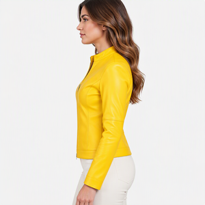 Chaqueta de Cuero Genuino Amarillo para Mujer, Corte Ajustado, Chaqueta de Motera de Piel de Cordero Suave Personalizada, Cierre de Cremallera, Ropa Exterior Femenina - Product Image 3