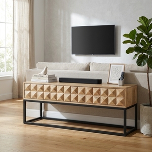 Dice Low Tv Cabinet And Sideboard Modern Solid Wood Media <b>Console</b> With 3D Geometric Carved Drawers And Metal Frame Furniture - Product Image 3