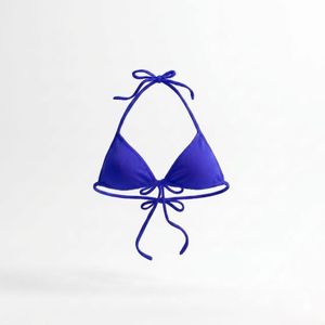 Women's Black <b>Halter</b> Bikini Top With Drawstring Tie Front And Adjustable Straps Solid Color Spandex Polyester Swimwear - Product Image 6