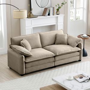 Warm and Cozy Tan Corduroy 2-Seater Living Room <b>Sofa</b> with 4 Upholstered Large Deep Seat <b>Pillows</b> for Home Entertainment - Product Image 2