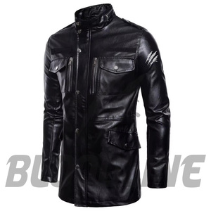 Men's Black PU <b>Leather</b> Moto <b>Jacket</b> Slim Fit Stand Collar Zipper Closure <b>Long</b> Sleeve Solid Color Autumn Wear - Product Image 4
