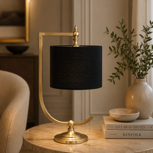 Lunar Arc Metal Table Lamp with Curved Frame White <b>Drum</b> <b>Shade</b> Matte Finish Stable Base Elegant Ambient <b>Lighting</b> - Product Image 3