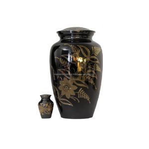 Urnas de cremación para adultos de latón con diseño de flores doradas y de alta calidad con urnas funerarias de Metal con acabado negro para cenizas humanas - Product Image 1