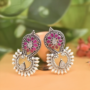 Vintage Ruby Floral Oxidized Brass Hoop Earrings with Pearl and Diamond Accents - Product Image 3