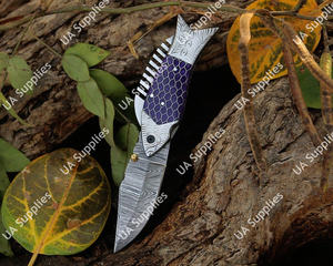 Couteau de poche pliant UA Supplies ODM en acier Damas à pointe tombante avec manche en nid d'abeille et en acier pour le camping, haute qualité, faible MOQ - Product Image 5