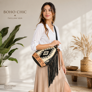 Handcrafted Women's <b>Backpack</b> Aztec Pattern Genuine Leather Trim Fringe Detail Travel Fashion <b>Backpack</b> Western Boho Style Bagpack - Product Image 2
