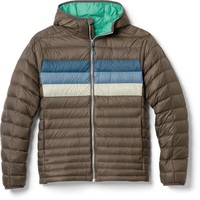 Veste matelassée à capuche, rembourrée de duvet, coupe-vent, hiver, décontractée, fermeture éclair, coupe classique, marron avec rayures bleues et beiges CP-MPJ-11