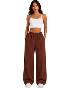 Women Chocolate Brown Wide Leg Sweatpants High Waist Loose Fit Lounge <b>Jogger</b> Pants Casual Streetwear Daily Wear Trousers - Product Image 1