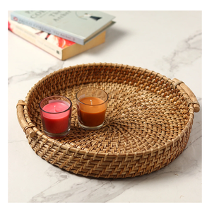 Bandeja de Servir de Ratán Hecha a Mano Estilo Bohemio, Cesta Decorativa Ecológica de Primera Calidad con Asa de Madera Maciza para Té y Aperitivos - Product Image 1