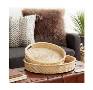 Round Rattan Serving Storage <b>Tray</b> With Handles For Coffee Snacks <b>Breakfast</b> Cane Farmhouse Serving <b>Tray</b> For Kitchenware Tableware - Product Image 5