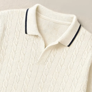 <b>Men's</b> Cream Cable Knit Pullover <b>Sweater</b> Full Sleeve Solid Color Autumn Knitted Polo Neck <b>Sweater</b> - Product Image 2