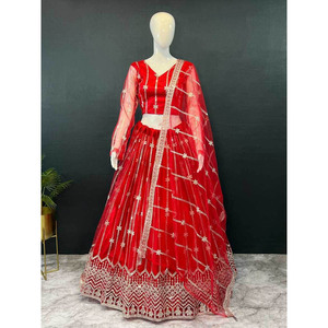 Lehenga choli ตาข่ายแฟนซีพร้อมชุดงานแต่งเย็บสีแดง - Product Image 1