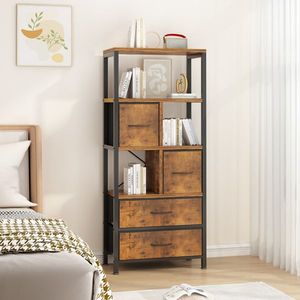 Libreria a 5 Ripiani e 4 Cassetti in Tessuto Non Tessuto 60*30*147cm, Struttura in Ferro Nero e Finitura Effetto Legno per Hotel - Product Image 4