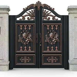Portail de villa traditionnel en fer forgé avec finition en cuivre ornée, ouverture manuelle, porte extérieure, design antivol - Product Image 1