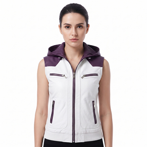 Women Zip-Up Leather Hoodie Vest Female Sleeveless Leather Hood Girls Front <b>Zipper</b> Pocket Leather Sleeveless Hooded - Product Image 6
