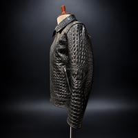 Veste de moto en cuir de crocodile véritable MH, noire, style motard, coupe ajustée, col rond, coupe-vent