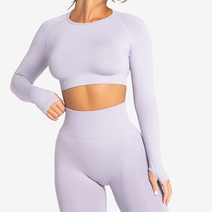 Ensemble de yoga pour femmes à manches longues avec trous pour les pouces, 3 pièces, tenue de sport, leggings taille haute, soutien-gorge de sport, ensemble de course, blanc - Product Image 3