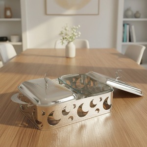 ถาดอุ่นอาหารทรงสี่เหลี่ยมแบบสองชั้นเคลือบทองหรูหรา พร้อมลายพระจันทร์เสี้ยวและฝาแก้ว สำหรับงานบุฟเฟ่ต์ในเดือนรอมฎอน - Product Image 2