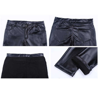 Celana Formal Pria Slim Fit Hitam Berlapis PU Pinggang Tinggi Ritsleting Spandex Poliester Pakaian Musim Dingin