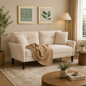 Modern Cream Fabric Sofa | 3 Seater Upholstered Couch with <b>Cushions</b> Black Wood Legs for Living Room Home Furniture Decor Premium - Product Image 2