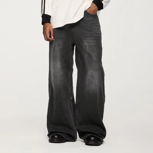 Jean en denim délavé coupe large pour homme, taille mi-haute, style streetwear, en coton, idéal pour l'automne - Product Image 4