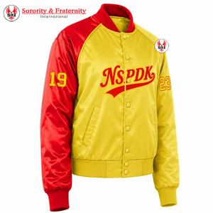 Veste universitaire rouge en satin pour femme NSPDK, boutons-pression, lettres grecques brodées, col et poignets en tricot rayé, tenue universitaire - Product Image 2