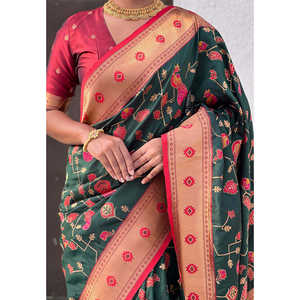 Vestidos de Noche Elite Weaves, Sari Tejido en Seda Paithani Jaal Verde Botella con Zari - Product Image 3