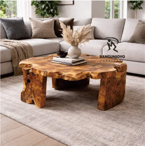 Mesa de Centro Convertible de Madera Maciza de Raíz de Teca Rústica con Tapa Blanca, Mueble Único para Sala de Estar, Comedor y Hogar - Product Image 1