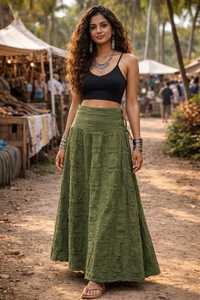 Falda Maxi Bohemia Verde Oliva para Mujer, Estilo Hippie, Larga, Estilo Cottagecore, Fluida - Product Image 2