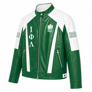 เสื้อแจ็คเก็ตหนัง PU แบบวาร์ซิตี้ของชมรมนักเรียนหญิง Iota Phi Lambda สีเขียวพิมพ์ลายตัวอักษรสีขาว แขนยาว ซิปแบบเต็มตัว สไตล์ลำลองสำหรับผู้หญิง แจ็คเก็ตสไตล์นักแข่ง - Product Image 5