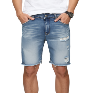 Shorts en jean décontractés pour hommes 100 % coton, taille mi-haute, effet usé, avec logo frontal et fonction coupe-vent - Product Image 2