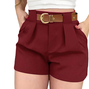Women <b>Summer</b> <b>Shorts</b> 100% Polyester Casual Loose Fit Quick Dry Breathable Solid Color Crew Neck High Waist Bermuda <b>Shorts</b> - Product Image 1