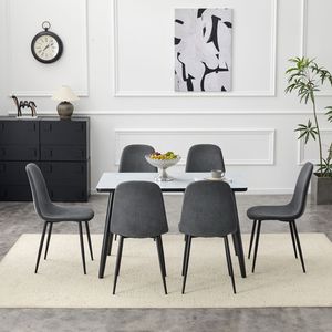Tavolo da Pranzo Moderno Bianco con Effetto Marmo, Piano in Vetro, Base Inferiore in MDF Nero e Gambe in Metallo Nero, Set Tavolo e Sedie - Product Image 3