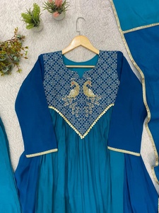 Traje Anarkali Azul Bordado en Chanderi con Manga Larga, Vestido Línea A, Estilo Clásico Indio, de Proveedor Indio - Product Image 6