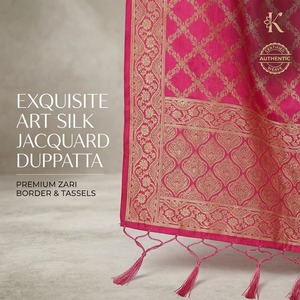 Handmade Rani Pink Art Silk Jacquard Dupatta Stoles <b>Golden</b> Floral Borders Tassels Zari Jaal Grid Banarasi Wedding Gift Birthday - Product Image 3